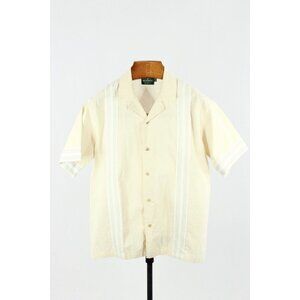 MUSTIQUE Ivory 100% Cotton Canvas Short Sleeve Bowling Camp Shirt, Size M
